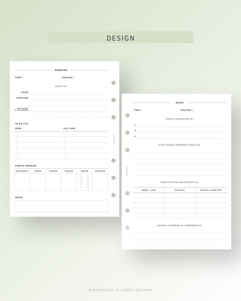 Peut inclure: Une page de planificateur quotidien imprimable avec des sections pour le matin, la nuit et l'alimentation et l'exercice. La page comprend des sections pour l'heure, le sentiment, la concentration, l'intention, la liste de t&acirc;ches, le travail, les soins personnels, le petit-d&eacute;jeuner, le d&eacute;jeuner, le d&icirc;ner, les collations, l'eau, l'exercice, le travail/t&acirc;che, le physique, le mental et l'&eacute;motion, et l'attente du lendemain. La page est con&ccedil;ue pour &ecirc;tre utilis&eacute;e avec un planificateur &agrave; reliure &agrave; disque.