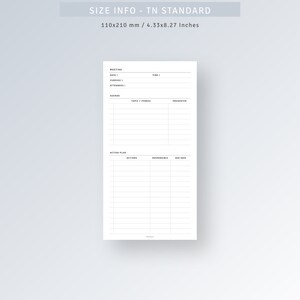K&ouml;nnte beinhalten: Eine schwarz-wei&szlig;e druckbare Meeting-Agenda-Vorlage mit Abschnitten f&uuml;r Meeting-Details, Agenda-Punkte, Aktionsplan und Verantwortliche. Die Vorlage ist 110 x 210 mm gro&szlig;.
