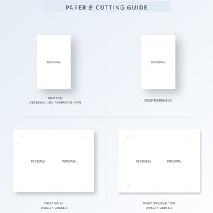 May include: A guide for printing and cutting personal size paper. The guide shows how to print on personal size paper, A4 paper, and US letter paper. It also shows how to crop the paper to the correct size.