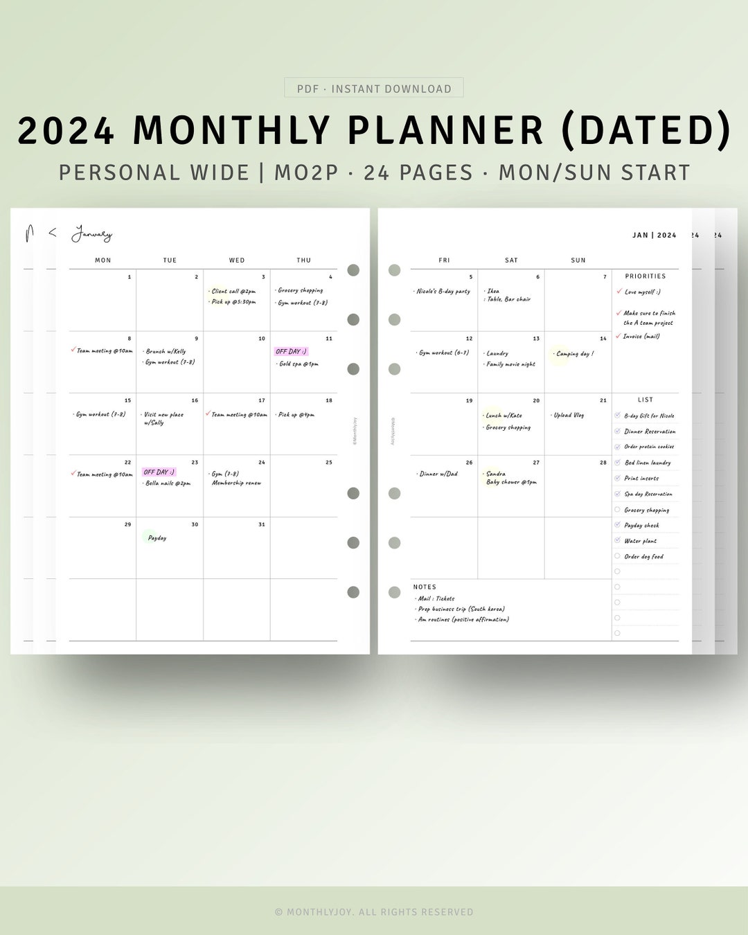 2024 Planner Monthly Printable Personal Wide Inserts, 2024 Dated ...