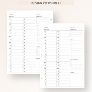Peut inclure: Deux pages d'un agenda quotidien avec un design noir et blanc. La page de gauche comporte une section d'horaire avec des cr&eacute;neaux horaires de 5h00 &agrave; 13h00. La page de droite comporte une section d'horaire avec des cr&eacute;neaux horaires de 14h00 &agrave; 1h00. Les deux pages comportent des sections pour les priorit&eacute;s, les listes, les repas et les notes.
