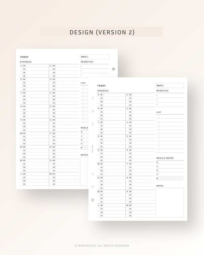 Peut inclure: Deux pages d'un agenda quotidien avec un design noir et blanc. La page de gauche comporte une section d'horaire avec des cr&eacute;neaux horaires de 5h00 &agrave; 13h00. La page de droite comporte une section d'horaire avec des cr&eacute;neaux horaires de 14h00 &agrave; 1h00. Les deux pages comportent des sections pour les priorit&eacute;s, les listes, les repas et les notes.