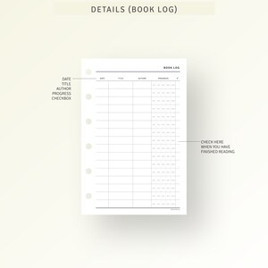 May include: A printable book log page with columns for date, title, author, progress, and a checkbox. The page is designed for tracking reading progress.