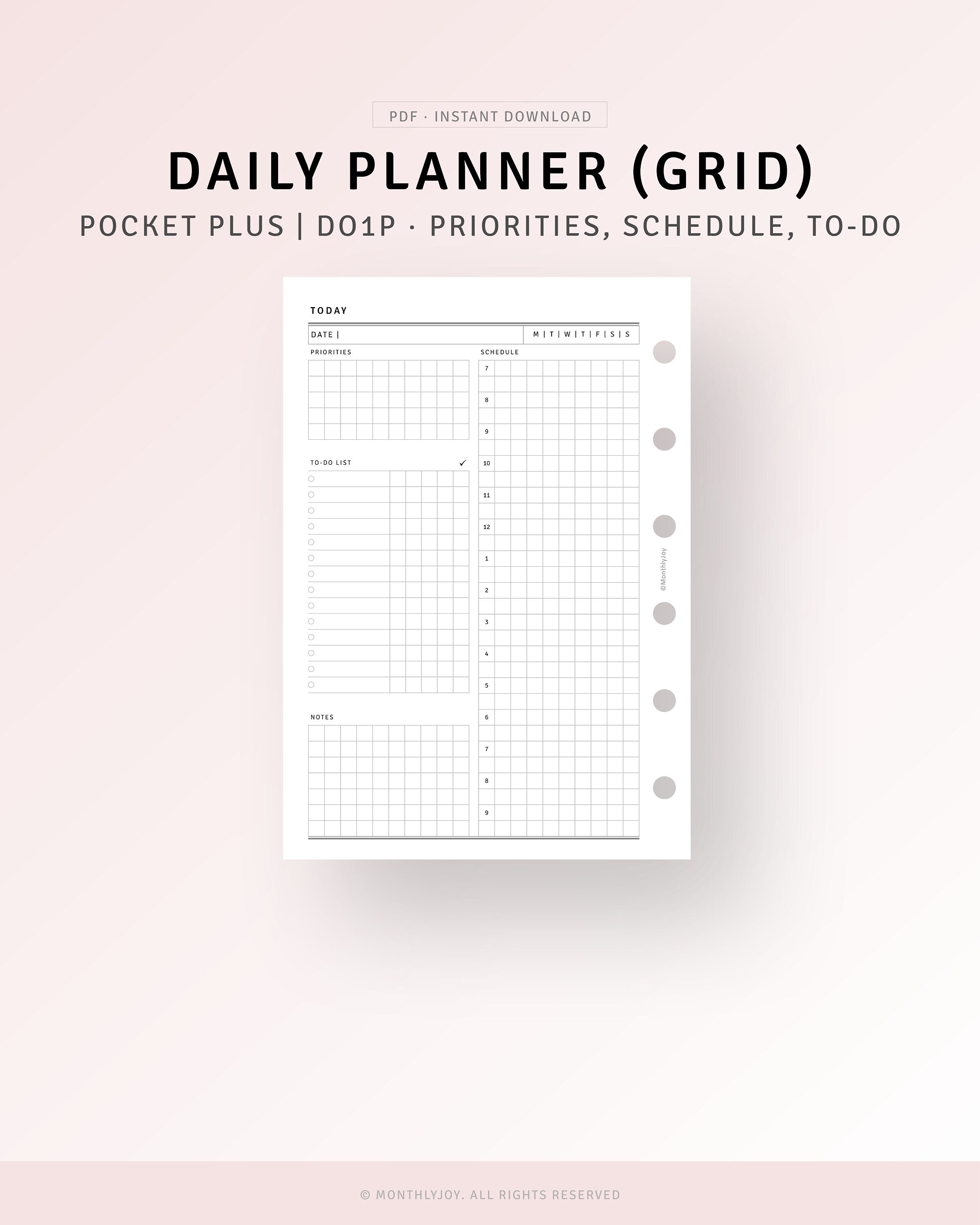 Printable Undated Daily Planner Pocket Plus Inserts, Daily Agenda Organizer, To-do list, Pocket XL Hobo Style Daily Schedule Template