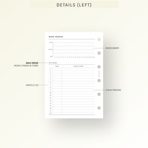 Puede incluir: Un rastreador de estado de &aacute;nimo imprimible en blanco y negro con un gr&aacute;fico, un registro diario del estado de &aacute;nimo y espacio para notas. El rastreador incluye las fechas del 1 al 31 y un espacio de 3,5 mm para un planificador.
