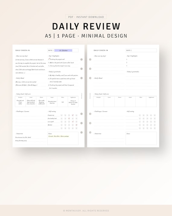 Daily Review Reflection Journal A5 Planner Inserts Printable Daily Check-In Template, Day Self-care Planner, Daily Summary, Digital Download
