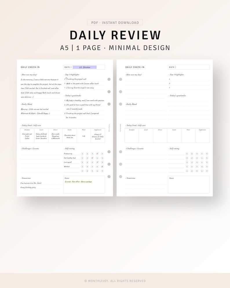 May include: A printable daily review planner in A5 size with a minimal design. The planner has two pages, each with a daily check-in section, a space for top highlights, daily mood, today's food and self-care, challenges and lessons, self-rating, notes, and tomorrow's plans. The date is 27. October.