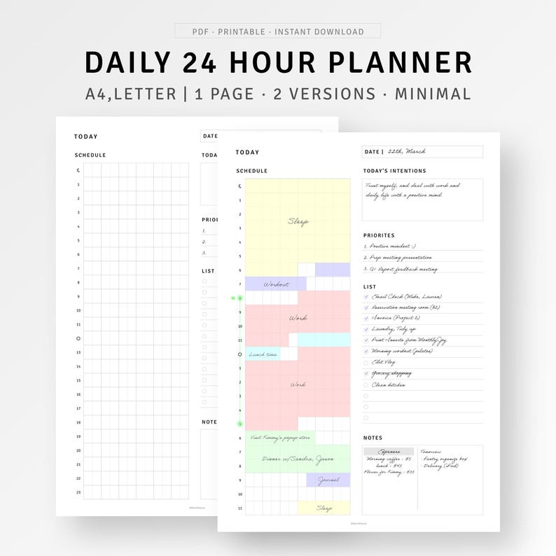 24 Hour Daily Hourly Planner Printable Time Management Template, Work ...
