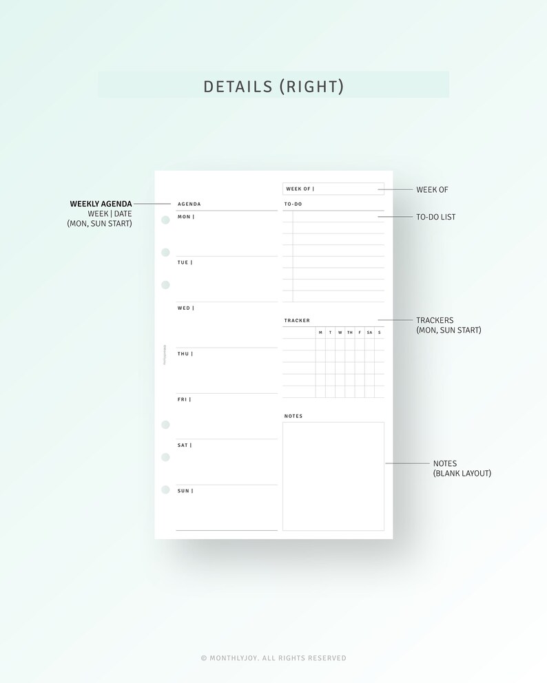 Pode incluir: Um planejador de agenda semanal com um layout em branco para notas e uma se&ccedil;&atilde;o de rastreamento. O planejador tem uma se&ccedil;&atilde;o para uma agenda semanal, uma lista de tarefas pendentes e um rastreador. O planejador foi projetado para ajud&aacute;-lo a se manter organizado e no caminho certo.