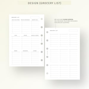 May include: A printable grocery list template with categories for meat, fruits, vegetables, bakery, dairy, frozen, snacks, pantry, household, and others. The template has a blank version for creating custom categories.