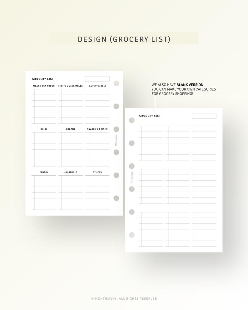 May include: A printable grocery list template with categories for meat, fruits, vegetables, bakery, dairy, frozen, snacks, pantry, household, and others. The template has a blank version for creating custom categories.