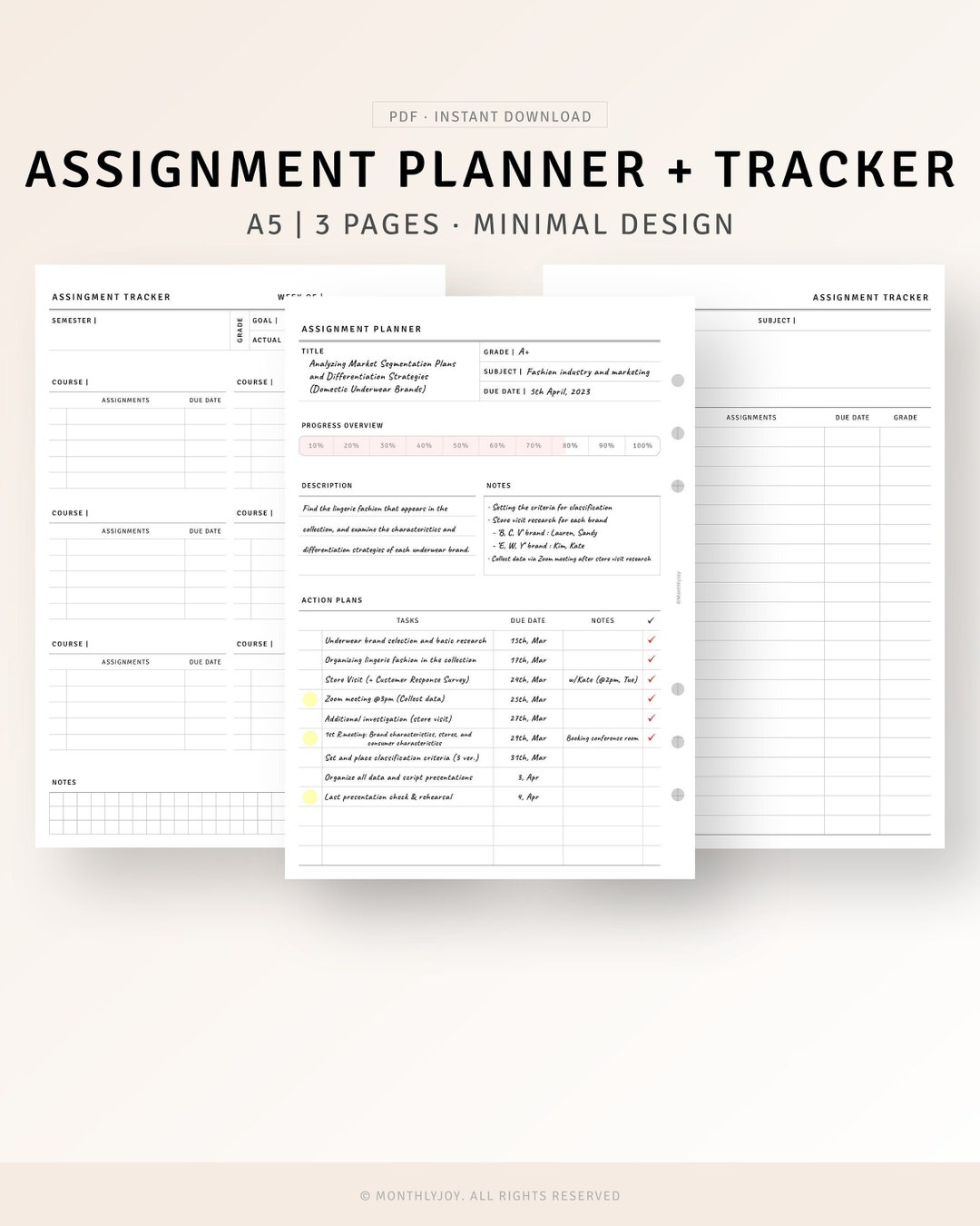Assignment Tracker Printable A5 Ring Inserts, Student Planner Template ...