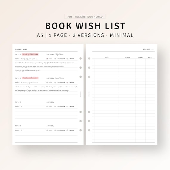 A5 Planner Inserts Printable Reading Wish List Book Wish List, Booketlist Template, Book Lover's Planner Inserts, Digital Download PDF