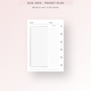 May include: A black and white printable planner page for a pocket-sized planner. The page is divided into two sections: a sleep tracker grid and a monthly calendar with space for details. The page is 3.5 inches by 5 inches.