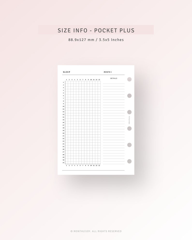 May include: A black and white printable planner page for a pocket-sized planner. The page is divided into two sections: a sleep tracker grid and a monthly calendar with space for details. The page is 3.5 inches by 5 inches.