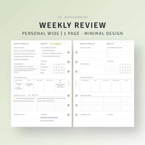 Mindfulness Weekly Reflection Journal | Weekly Review Printable, Positive Mindset Planner Template, Personal Wide Inserts PDF