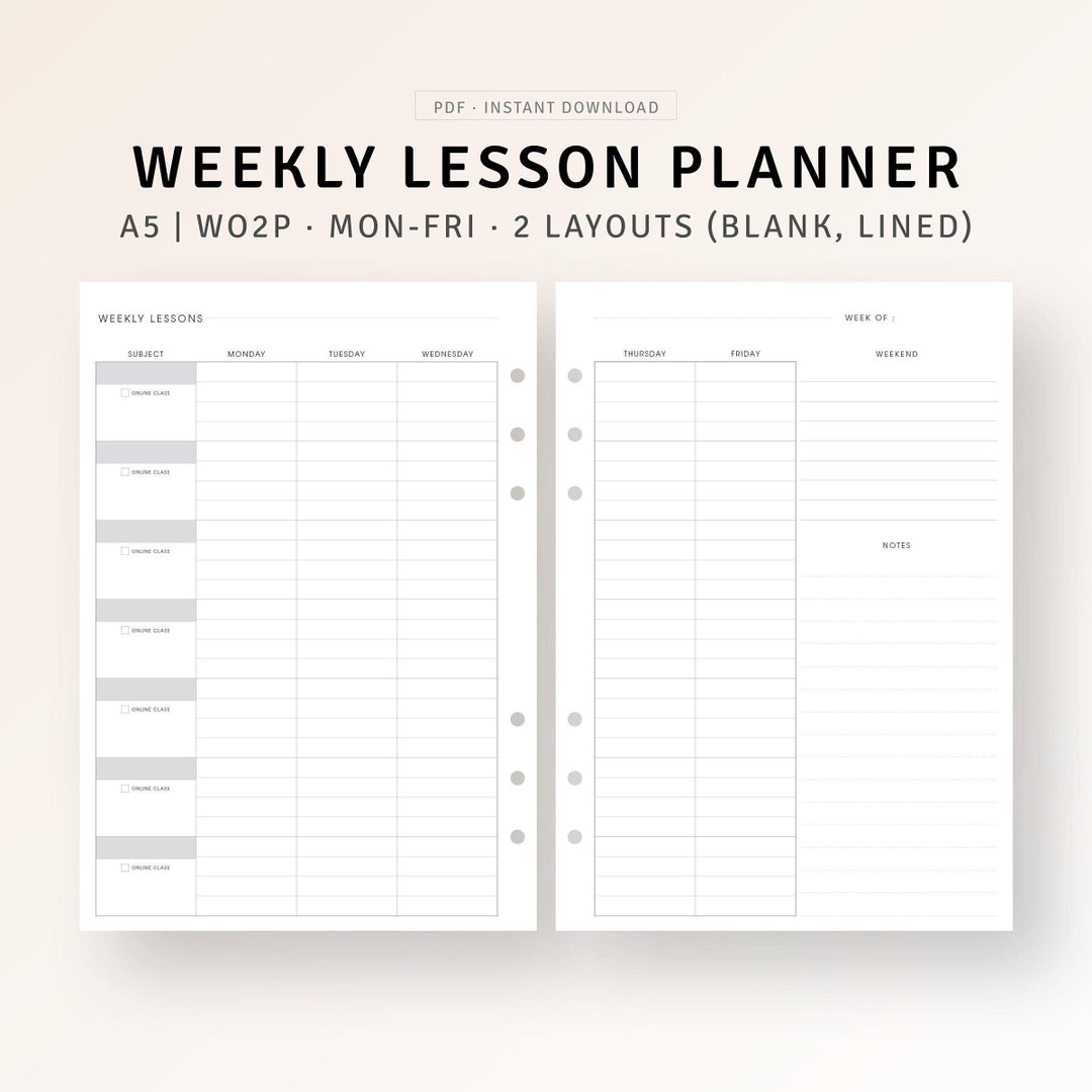 Weekly Lesson Planner A5 Inserts Printable Student Academic Template ...