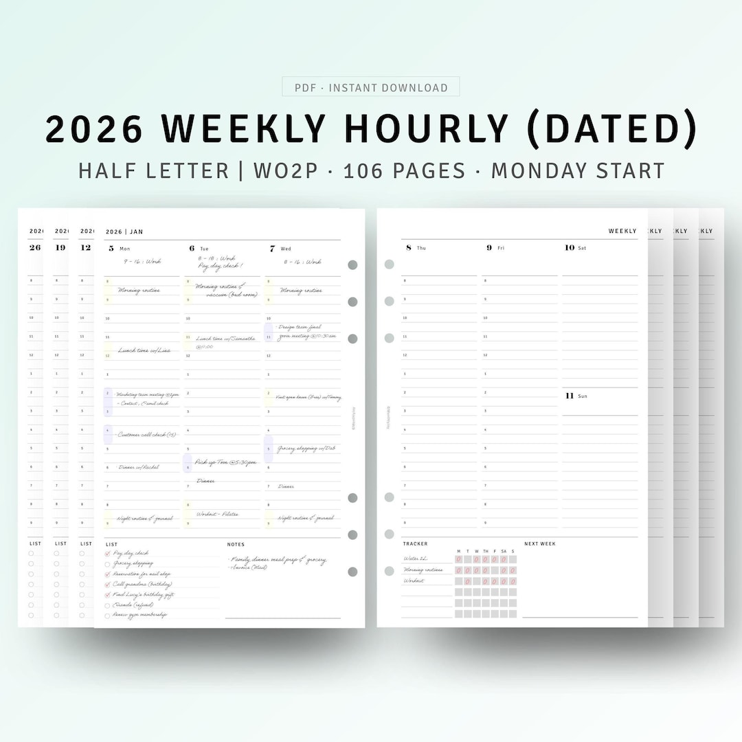 2026 Weekly Hourly Planner Half Size, WO2P Inserts Dated Printable ...
