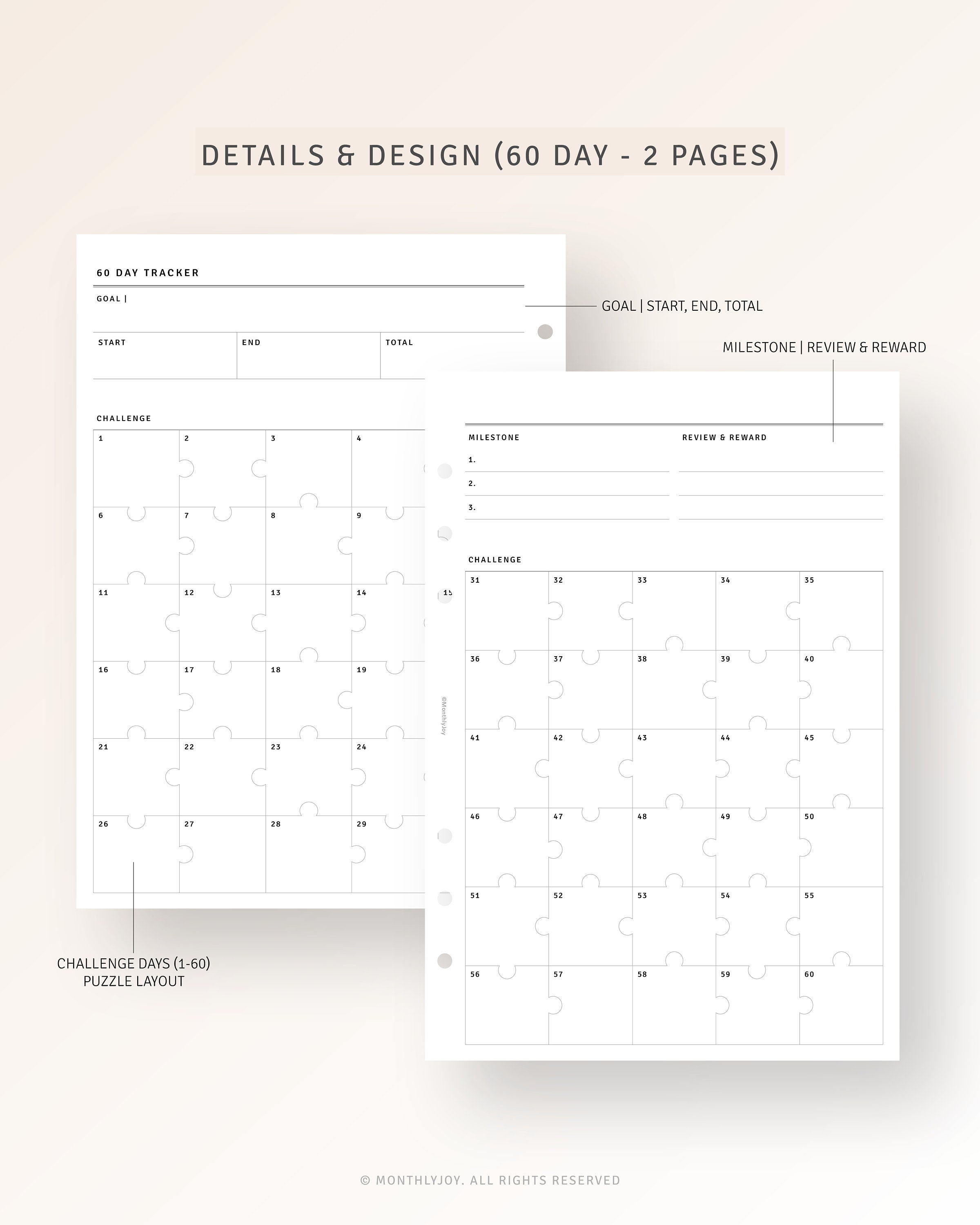 30 60 Day Countdown Tracker Printable A5 Planner Inserts, Habit ...