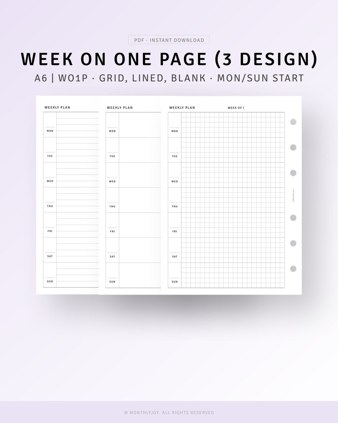 A6, Undated Weekly Planner Pdf Printable, Week on One Page, Weekly ...