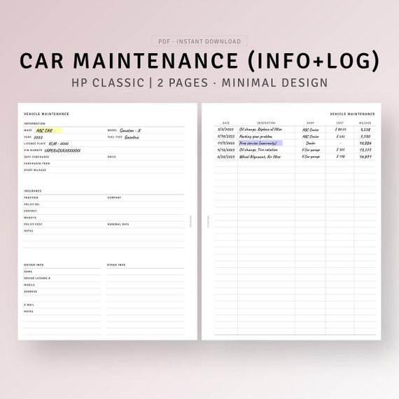 Car Maintenance Checklist HP Classic Inserts Printable Car Repair List, Oil Change Template, Vehicle Care Service Tracker, Auto Mileage Log