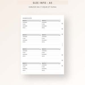Puede incluir: Una p&aacute;gina de planificador de contrase&ntilde;as imprimible en blanco y negro con el texto "PASSWORD KEEPER" en la parte superior. La p&aacute;gina est&aacute; dividida en secciones para el sitio web, el nombre de usuario, el correo electr&oacute;nico, la contrase&ntilde;a y las notas. La p&aacute;gina est&aacute; dise&ntilde;ada para un planificador de tama&ntilde;o A5.