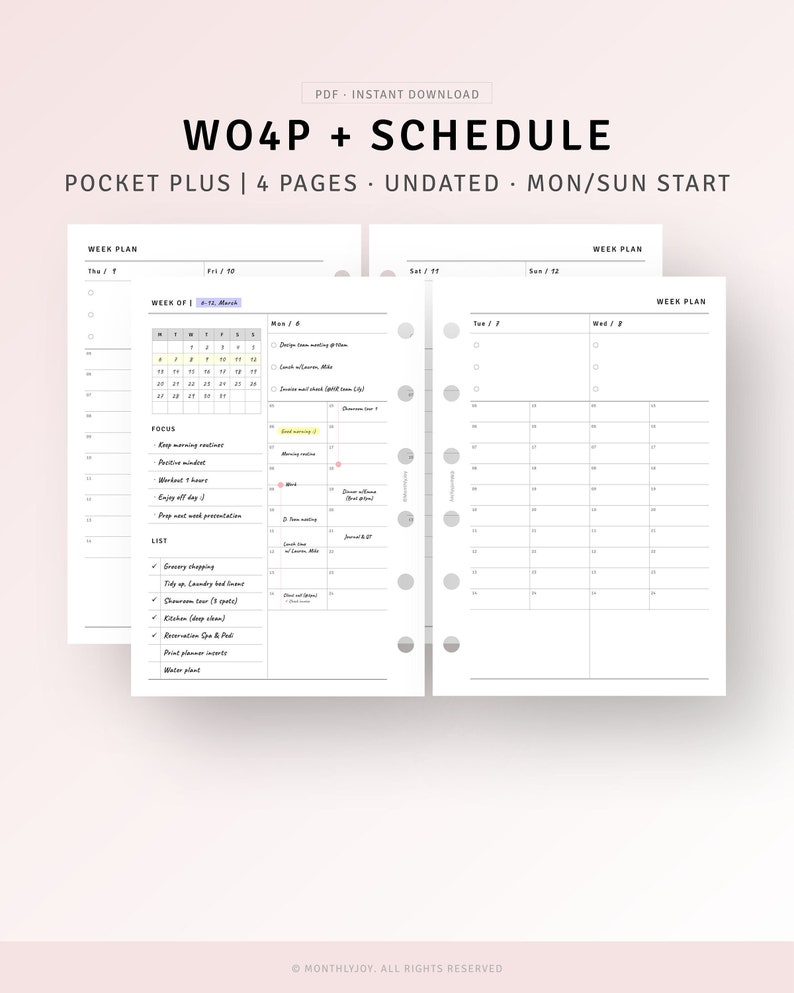 Printable Week on 4 Pages Pocket Plus Inserts, Weekly Calendar Schedule ...