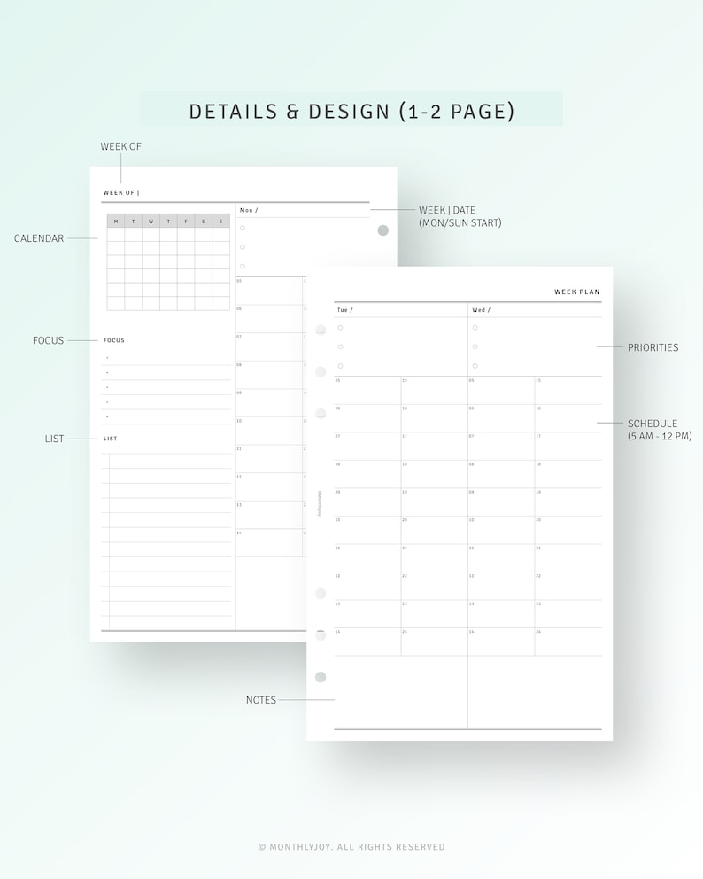 Week on 4 Pages Printable Half Letter Inserts Undated Weekly - Etsy