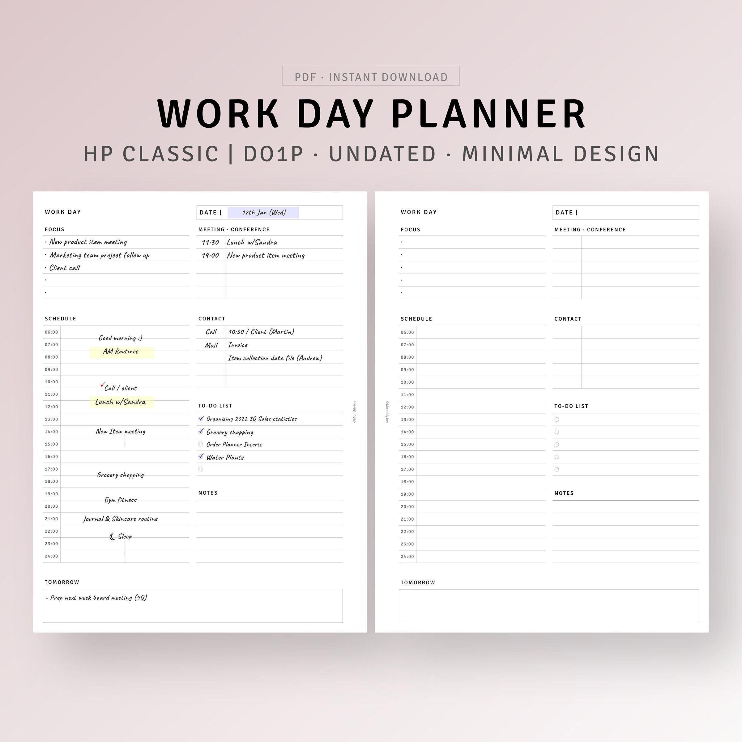 Daily Work Planner Printable HP Classic Inserts, Personal Schedule ...