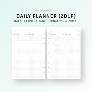 2 dias em 1 página, encartes de meia-carta para impressão, organizador de agenda diária, planejador diário sem data em PDF, lista de tarefas, 2D1P, modelo de agenda diária
