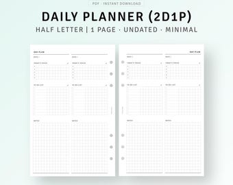 Agenda diaria imprimible de 2 días en 1 página, insertos de media carta, planificador diario sin fecha (PDF), lista de tareas, plantilla de horario diario