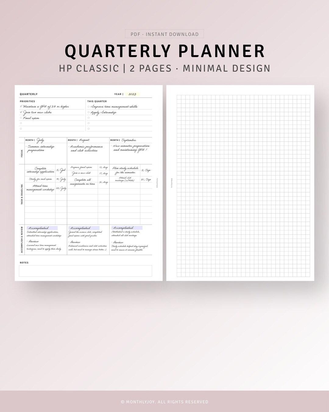 Quarterly Planner HP Classic Ring Inserts Printable Quarterly Goal ...