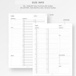 May include: Two printable daily planner pages in black and white. The left page has sections for "Today", "Priorities", "Schedule", "List", and "Notes". The right page has sections for "Today", "Priorities", "Schedule", "List", "Meals & Water", and "Notes". The pages are designed for A4 and US Letter sizes.
