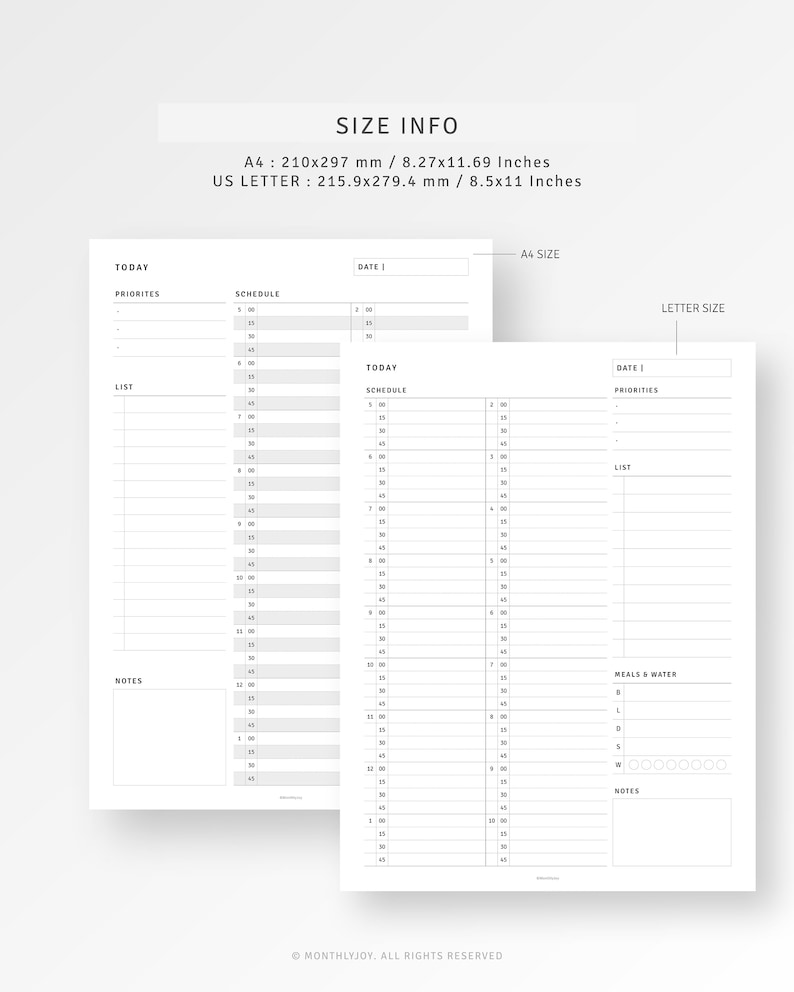 May include: Two printable daily planner pages in black and white. The left page has sections for "Today", "Priorities", "Schedule", "List", and "Notes". The right page has sections for "Today", "Priorities", "Schedule", "List", "Meals & Water", and "Notes". The pages are designed for A4 and US Letter sizes.