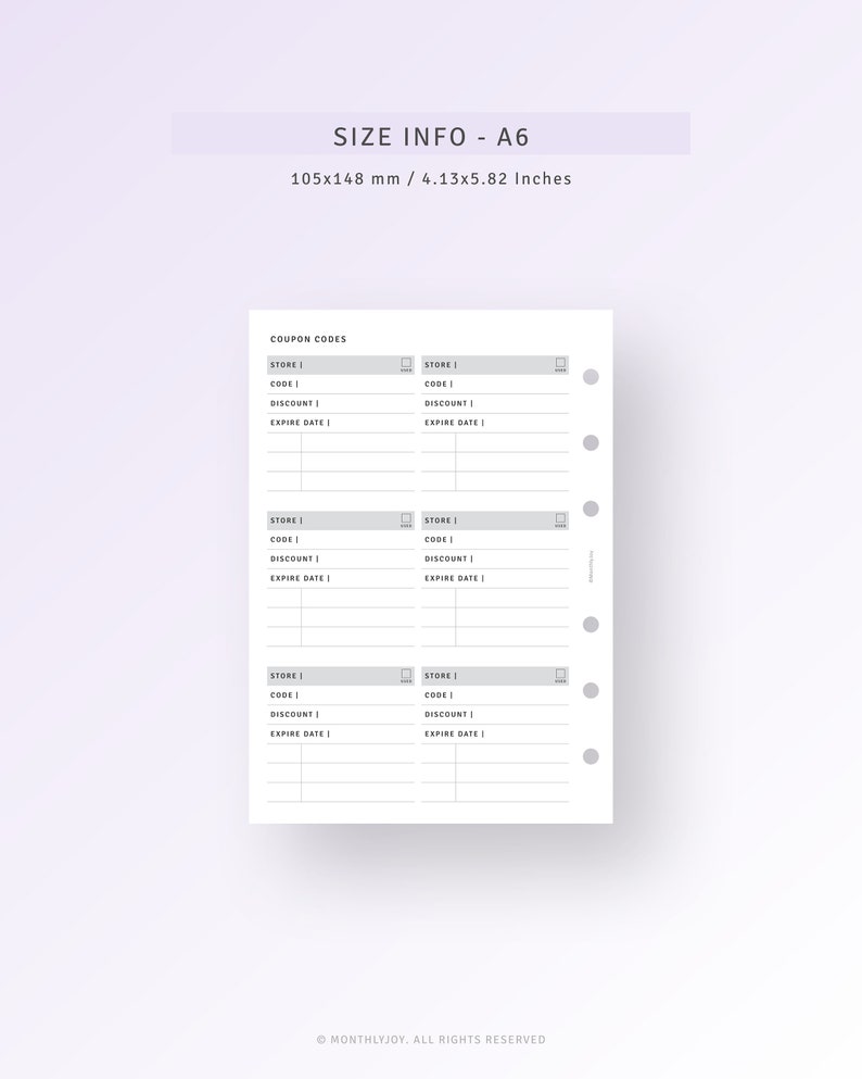 Coupon Codes Tracker A6 Inserts, Shopping Discount Code Log Template, Sale Checklist, Store Coupon Code List Organizer, Discount Tracker image 2