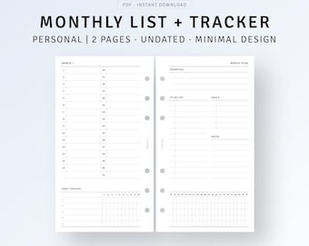Monthly Overview Planner with Tracker Printable Month on 2 Pages, Month At A Glance To do list, Personal Size Inserts, Instant Download PDF