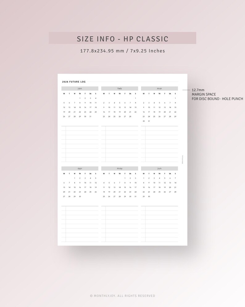 2026 Future Log Printable HP Classic Planner Inserts, Yearly Overview ...