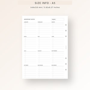 Yearly Important Dates Printable A5 Planner Inserts, Birthday Parties ...