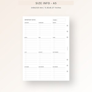 Puede incluir: Un planificador anual A5 imprimible en blanco y negro con un dise&ntilde;o de cuadr&iacute;cula para cada mes. El planificador est&aacute; dise&ntilde;ado para fechas importantes e incluye los meses de enero a diciembre. El texto "IMPORTANT DATES" y "YEAR |" est&aacute; en la parte superior del planificador.