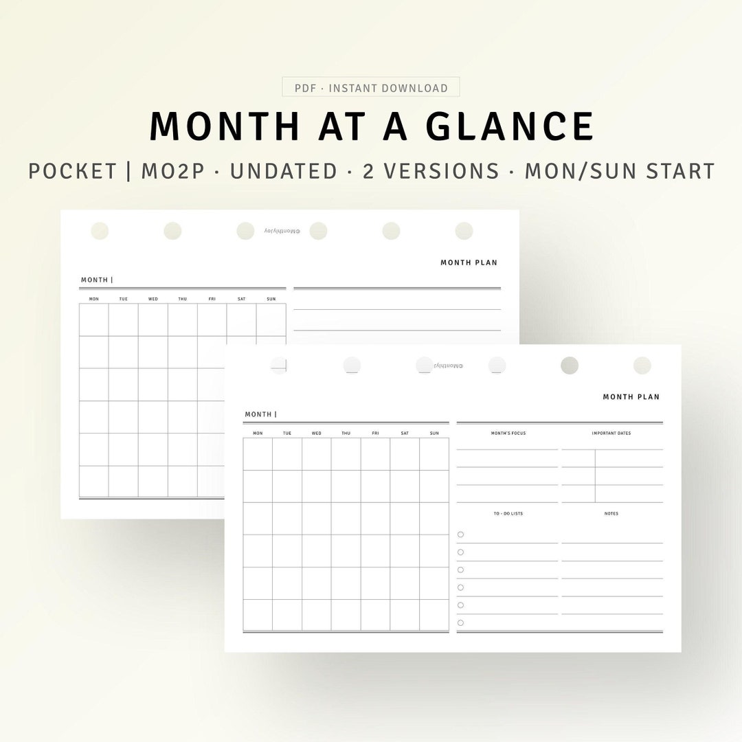 Monthly Planner Printable Pocket Ring Inserts, Month on One Page ...