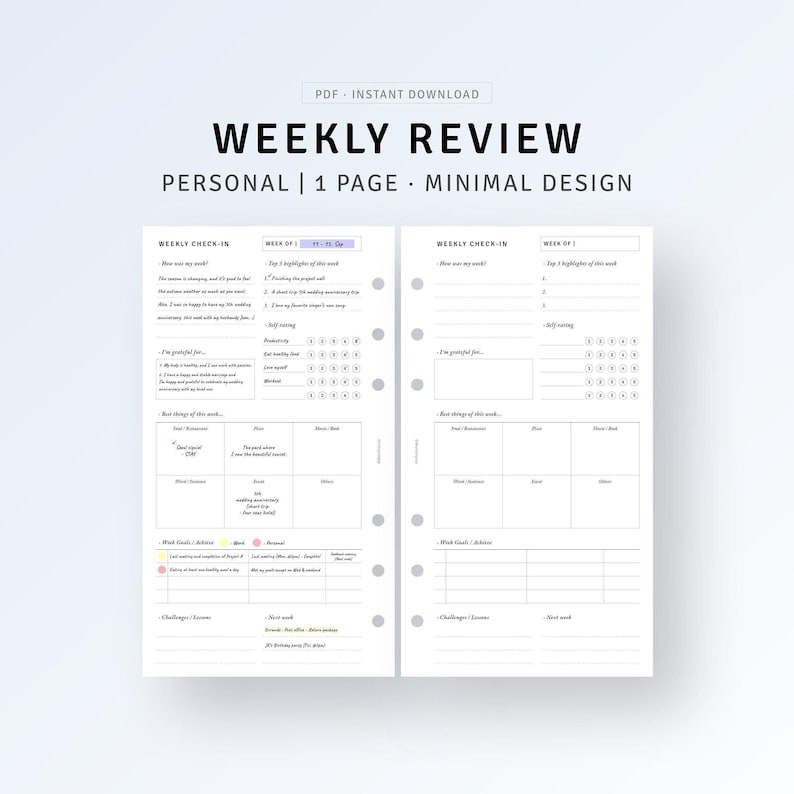 May include: A printable weekly review planner with a minimalist design. The planner includes sections for weekly check-in, highlights, things you are grateful for, best things of the week, and next week. The planner is designed for personal use.
