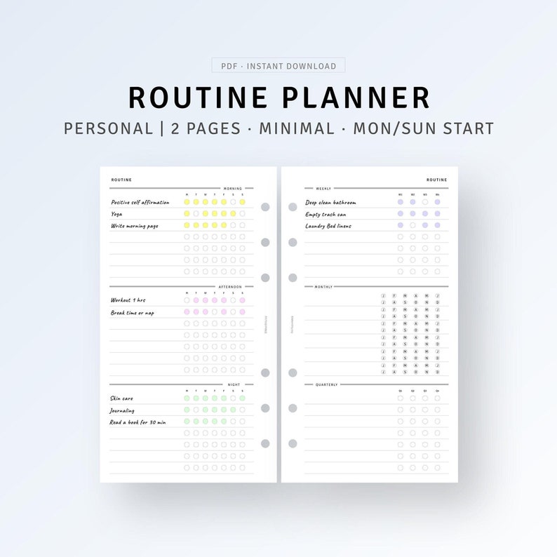 May include: A printable routine planner with two pages. The left page has a section for morning, afternoon, and night routines with checkboxes for each task. The right page has sections for weekly, monthly, and quarterly routines with checkboxes for each task. The planner is designed for a Monday/Sunday start.
