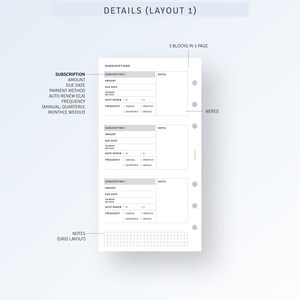 K&ouml;nnte beinhalten: Eine druckbare Planerseite mit einem grau-wei&szlig;en Design. Die Seite ist in drei Abschnitte unterteilt, jeder mit einer &Uuml;berschrift f&uuml;r "Abonnement 1", "Abonnement 2" und "Abonnement 3". Jeder Abschnitt enth&auml;lt Felder f&uuml;r "Betrag", "F&auml;lligkeitsdatum", "Zahlungsmethode", "Automatische Verl&auml;ngerung" und "H&auml;ufigkeit". Es gibt auch einen Abschnitt f&uuml;r "Notizen" mit einem Rasterlayout.