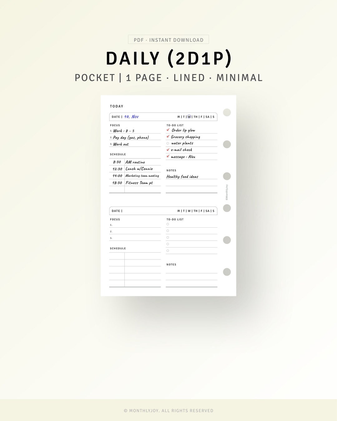 Pocket Ring Daily Planner PDF Printable 2 Days on 1 Page - Etsy