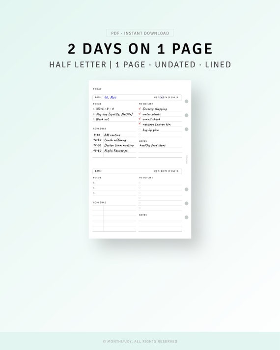 2 Days on 1 Page Printable Half Letter Inserts Daily Planner | Etsy