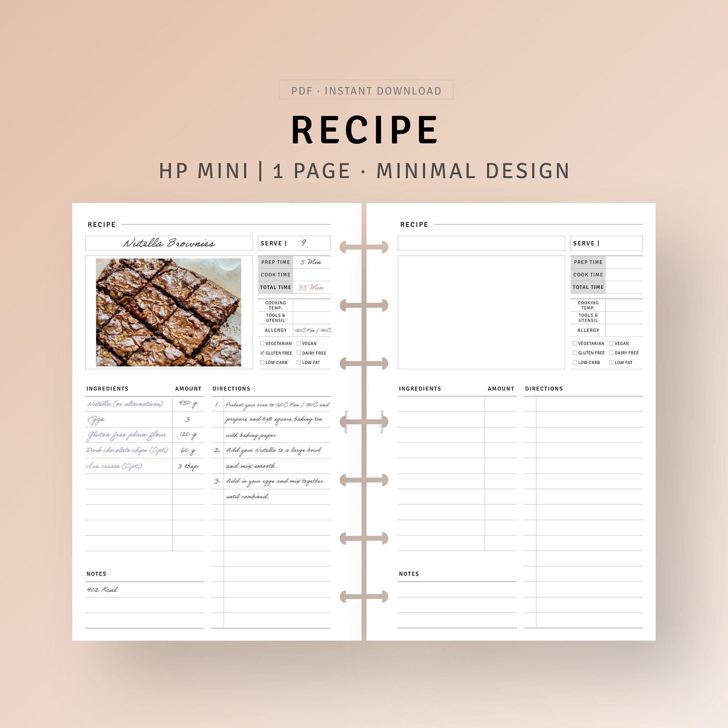 Recipe Journal HP Mini Ring Printable Inserts, Food Recipe Page ...