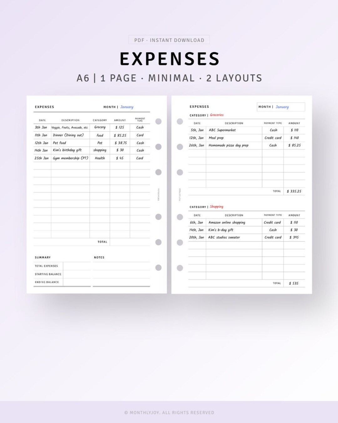 A6 Inserts Expense Tracker Printable Expenses Log Checklist Organizer ...