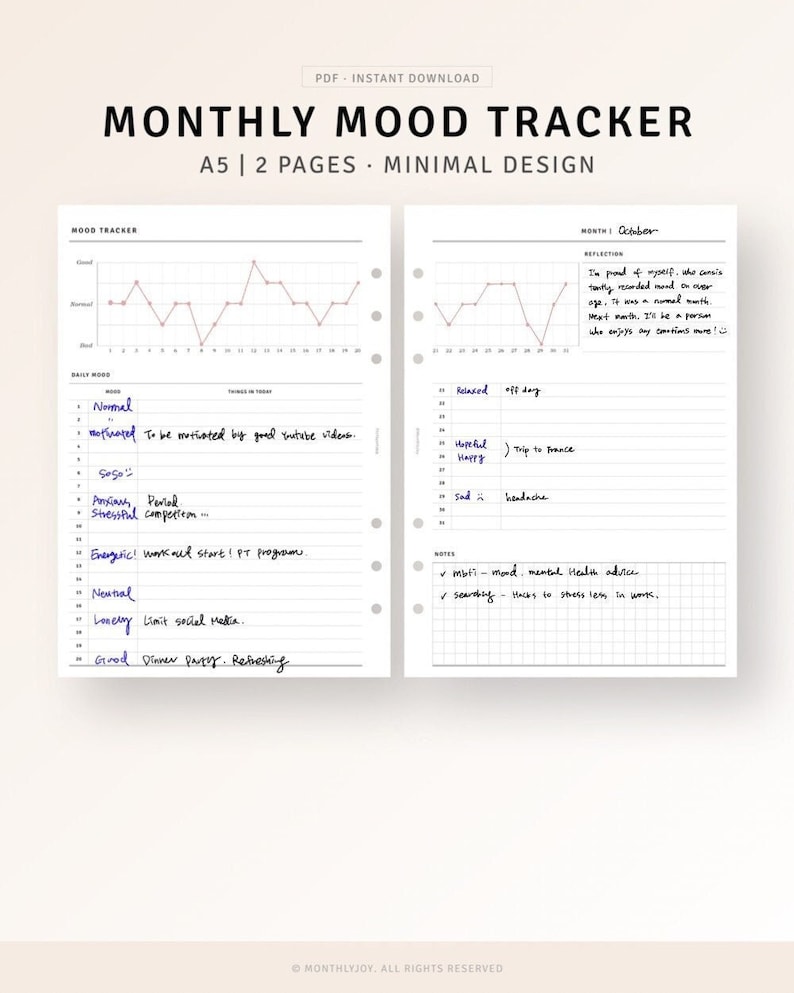 Minimalist printable daily mood tracker PDF designed to help track emotions, anxiety, and depression. A5 mental health journal page with clean layout for self care and wellness. Instant download planner insert for easy mood tracking at home.