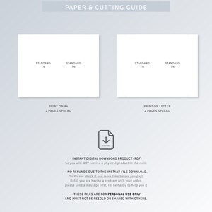 May include: A digital download guide for printable paper sizes. The guide shows the standard sizes for letter and A4 paper. The text reads "Instant Digital Download Product (PDF)", "No Refunds Due to the Instant File Download", "These files are for personal use only and must not be resold or shared with others."