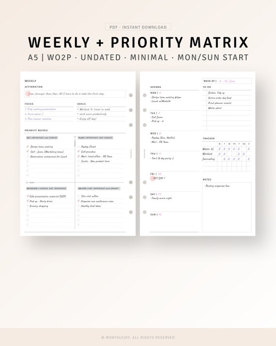 Undated Weekly Planner A5 Size Printable Weekly Agenda with Priority Matrix, WO2P Inserts, Productivity Planner, Weekly Work Template Sheet